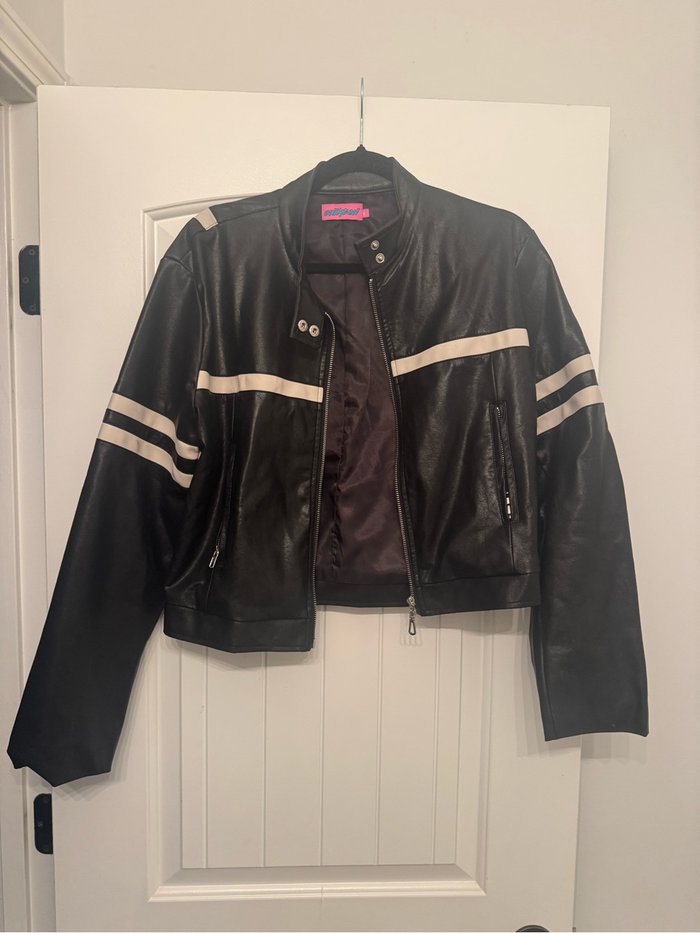 Edikted Black Faux Leather Moto Jacket with Cream Racing Stripes